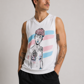 Maillot de basket BEYOUTIFUL TRANS personnalisable avec illustration d'un homme trans aux couleurs du drapeau transgenre et cicatrices de torsoplastie visibles.