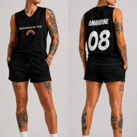 Maillot de basket personnalisable Bienvenue au Club LGBTQIA+ avec prénom et numéro personnalisés.