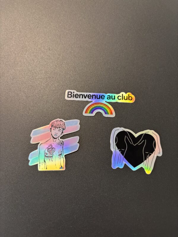 Lot de 3 stickers LGBTQIA+ My Frenchie Tomboy représentant la fierté trans, l'amour lesbien et la diversité de la communauté LGBTQIA+.