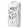 Maillot de basket BEYOUTIFUL TRANS personnalisable avec illustration d'un homme trans aux couleurs du drapeau transgenre et cicatrices de torsoplastie visibles.
