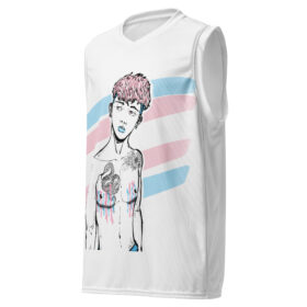 Maillot de basket BEYOUTIFUL TRANS personnalisable avec illustration d'un homme trans aux couleurs du drapeau transgenre et cicatrices de torsoplastie visibles.