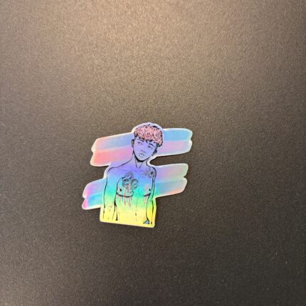 Sticker BeYoutifull représentant un homme trans avec cicatrices de mammectomie aux couleurs du drapeau transgenre.