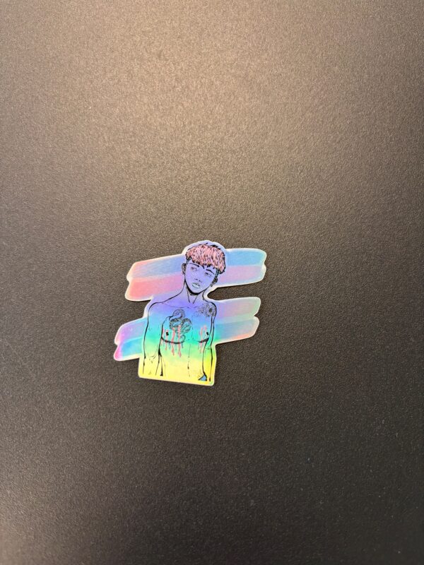 Sticker BeYoutifull représentant un homme trans avec cicatrices de mammectomie aux couleurs du drapeau transgenre.